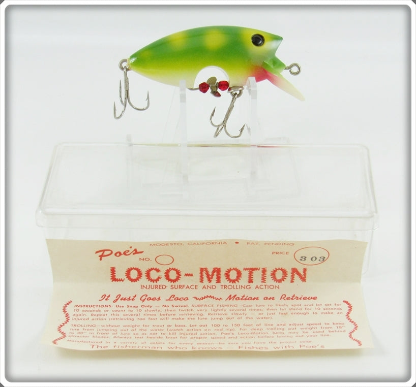 depth o plug new in box vintage fishing Vintage Poe's Spotty Yellow & Green Loco-Motion Lure In Box For Sale