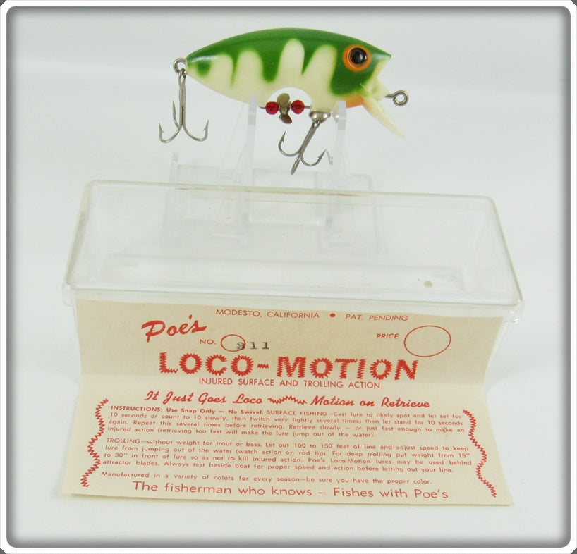 Vintage Poe's White Green Striped Loco Motion Lure In Box