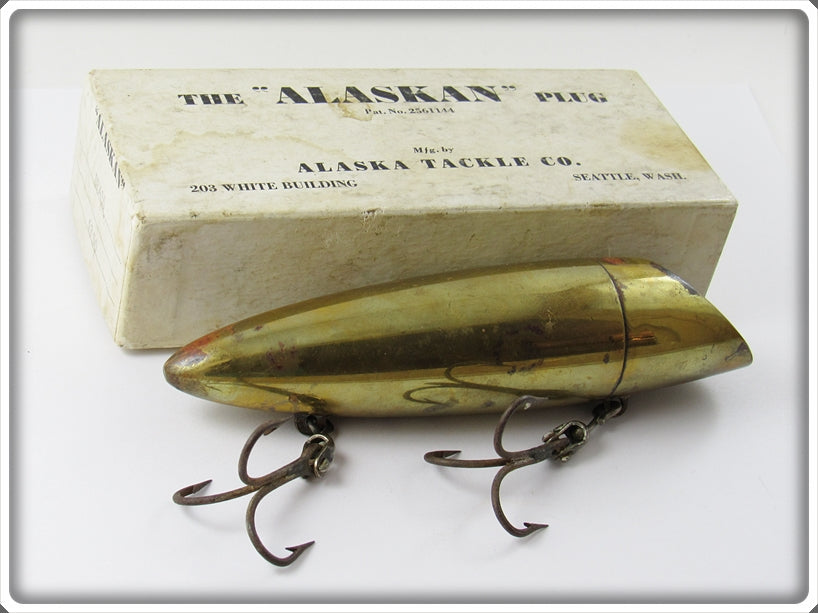 Vintage Alaska Tackle Co Brass The Alaskan Plug Lure In Correct Box | Tough Lures Vintage Alaska Tackle Co Brass The Alaskan Plug Lure In Correct Box | Tough Lures