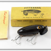 Vintage Fred Arbogast Black Plastic Lip Jitterbug Lure In Box