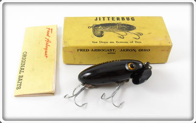 Vintage Fred Arbogast Black Plastic Lip Jitterbug Lure In Box