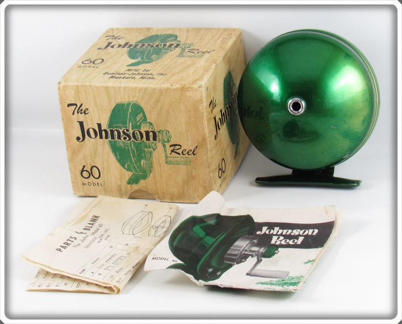 Vintage Johnson Green Sidewinder Model 60 Reel In Box For Sale