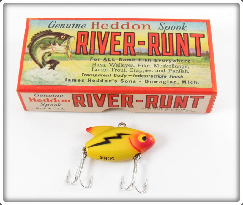 Vintage Heddon Yellow Sonic In River Runt Research Box Stamped 385-1