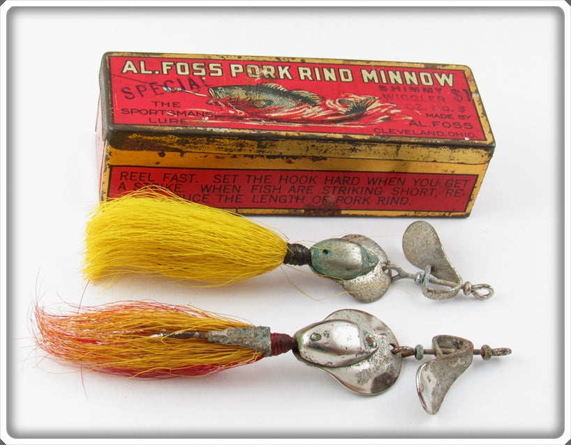 Vintage Al Foss Shimmy Wiggler Lure Pair No. 5 & 6 With Tin For Sale Vintage Al Foss Shimmy Wiggler Lure Pair No. 5 & 6 With Tin For Sale