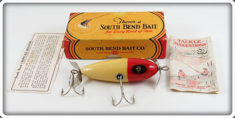 South Bend Red Head White Crippled Minnow In Box 965 RH