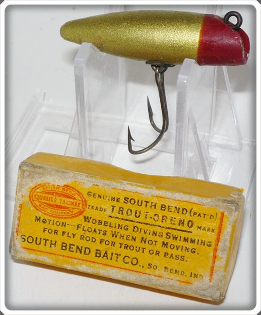 Vintage South Bend Gold Body Red Head Trout Oreno Lure In Box 971G(1)