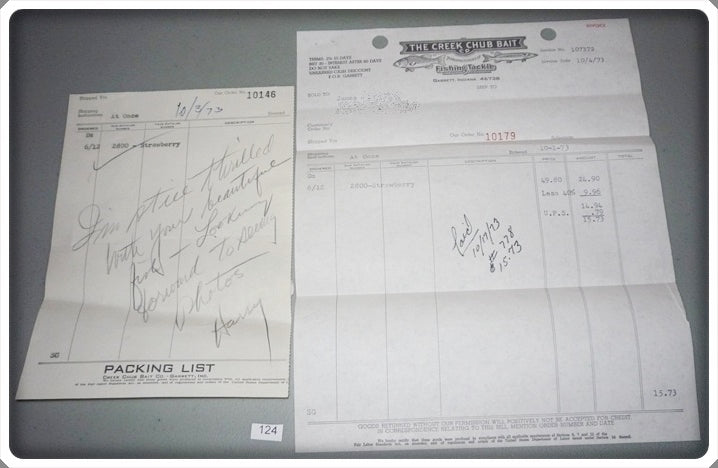 Creek Chub Bait Company Invoice For Strawberry Spotted Triple Jointed Pikies