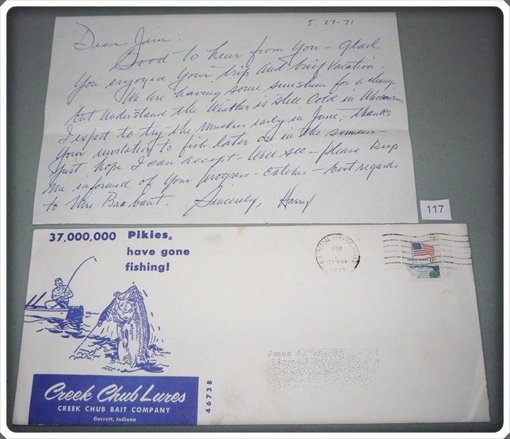 Vintage Creek Chub Bait Company Signed Letter From Harry Heinzerling 