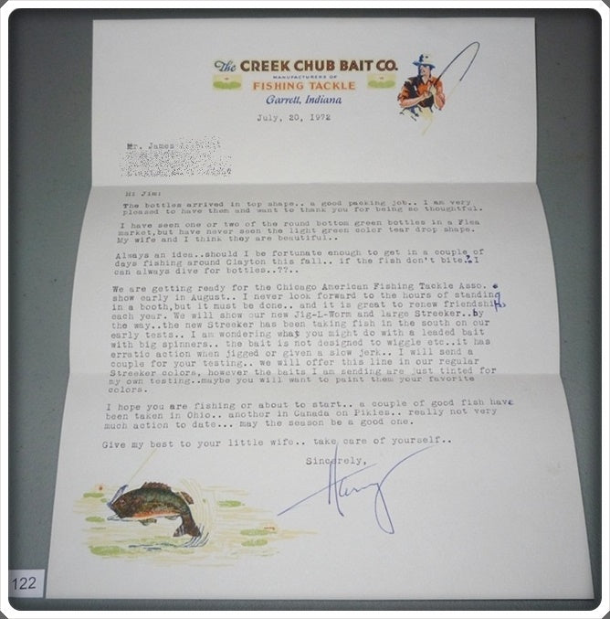 Vintage Creek Chub Bait Company Signed Letter From Harry Heinzerling 