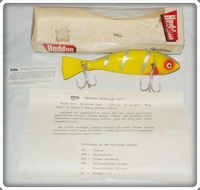 Vintage Heddon Yellow Silver Stripe Prowler Lure In Box 7075 YWS