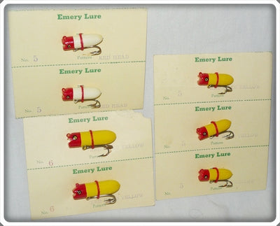 Vintage Emery Yellow & Red And Red & White Fly Rod Lures On Cards