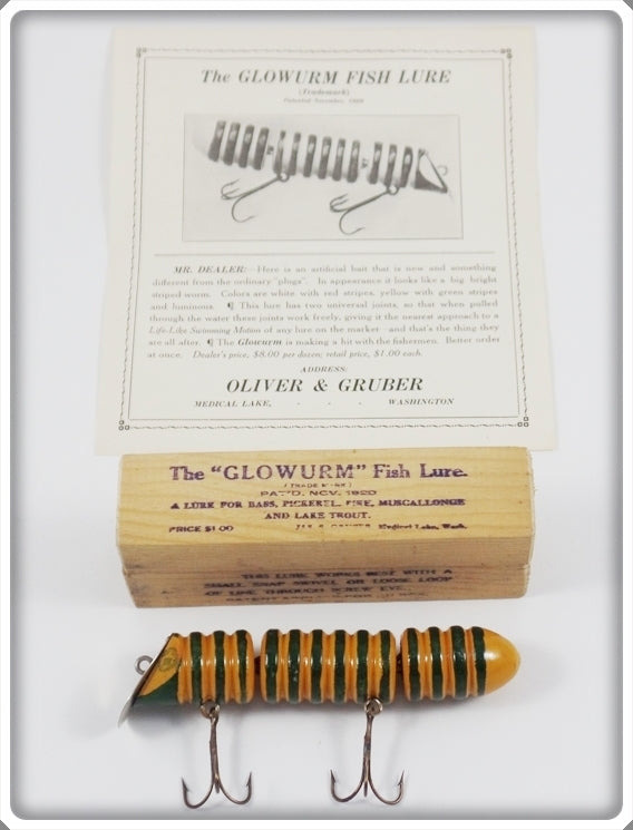 Vintage Oliver & Gruber Yellow & Green Glowurm Fish Lure In Box